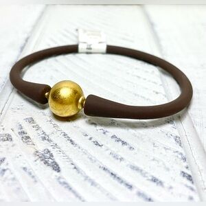 Bali 24K Gold Plated Ball Bead Silicone Bracelet Brown Band Jewelry NWT